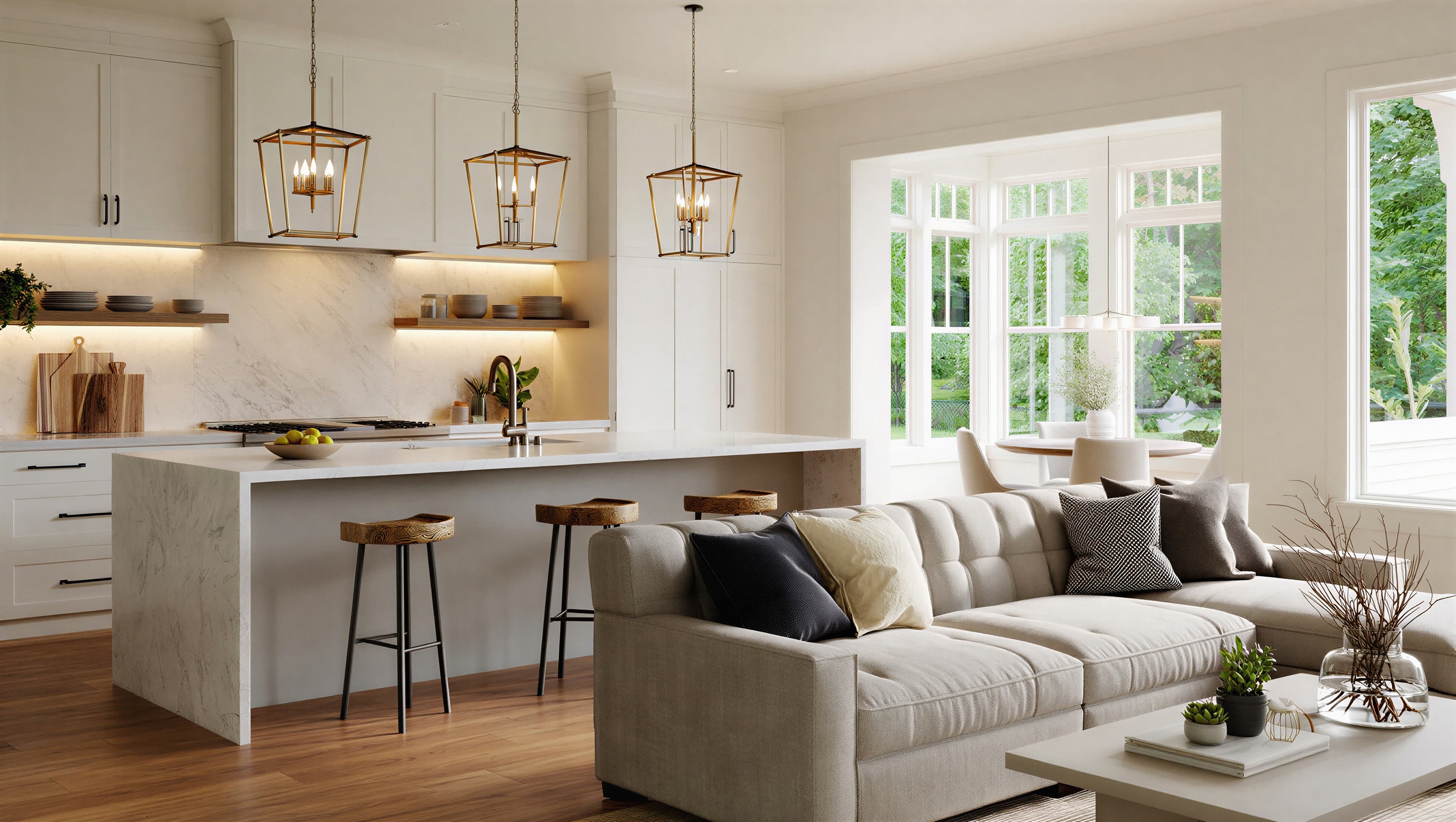 Kitchen and lounge with brass pendants styled for sale