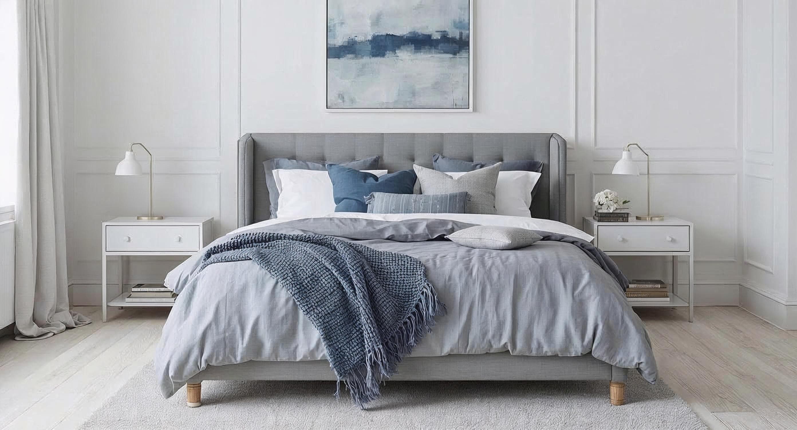 Grey-blue styled bedroom for Northern Beaches coastal property