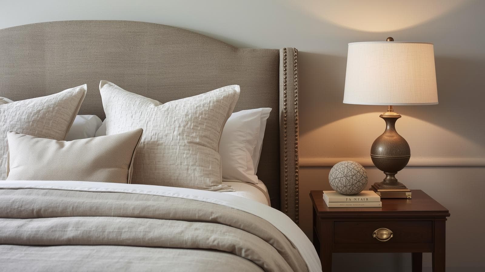 Bedroom with textured layers and french linen styled for property sale