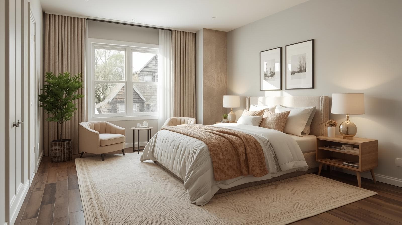 Modern cozy bedroom styled for North Shore property sale