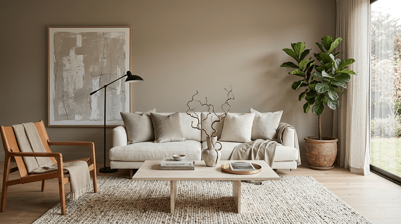 Styled living room with art and fiddle leaf fig for Northern Beaches home