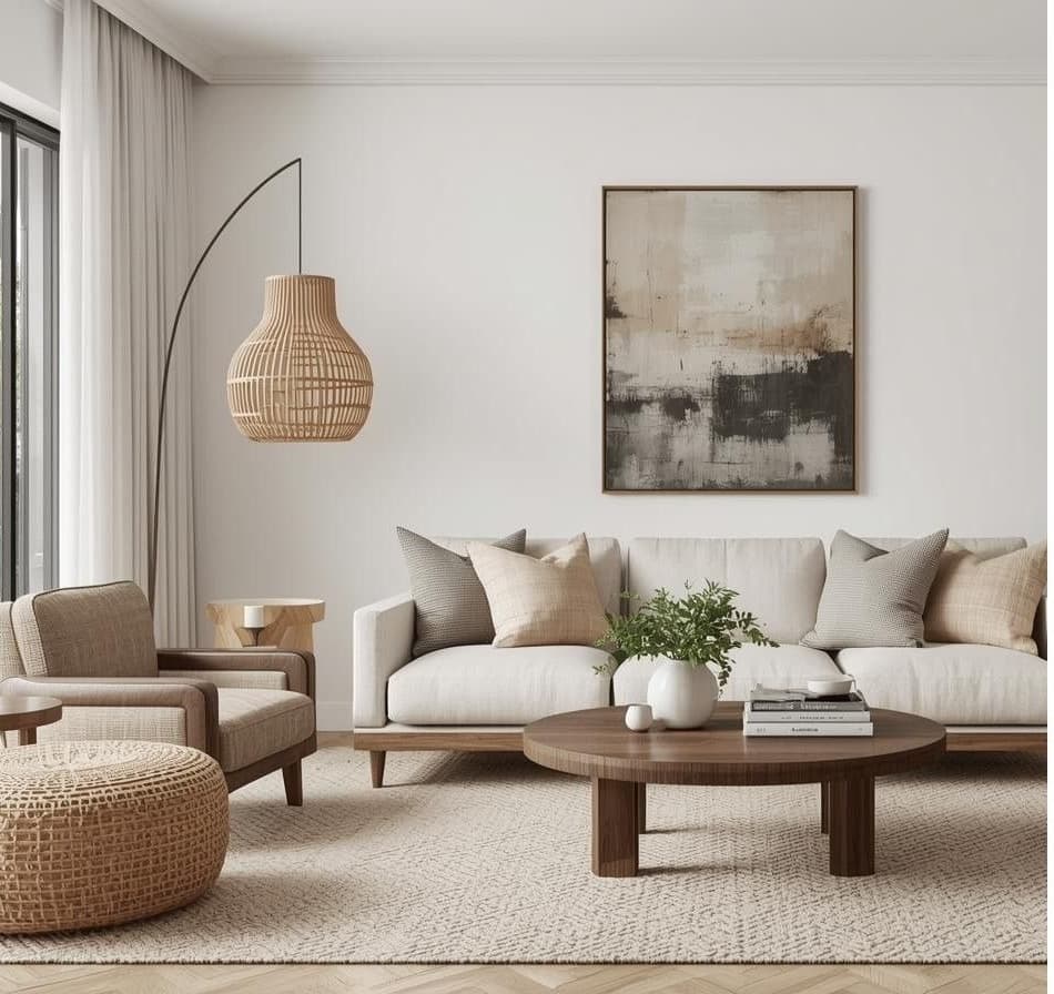 Neutral styled living room with natural light
