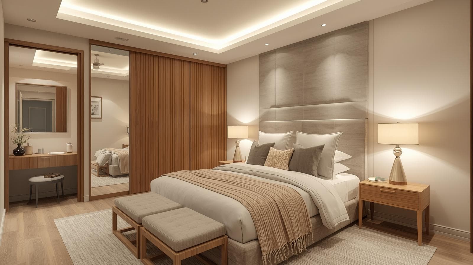 Guest bedroom styled with neutral bedding and greenery