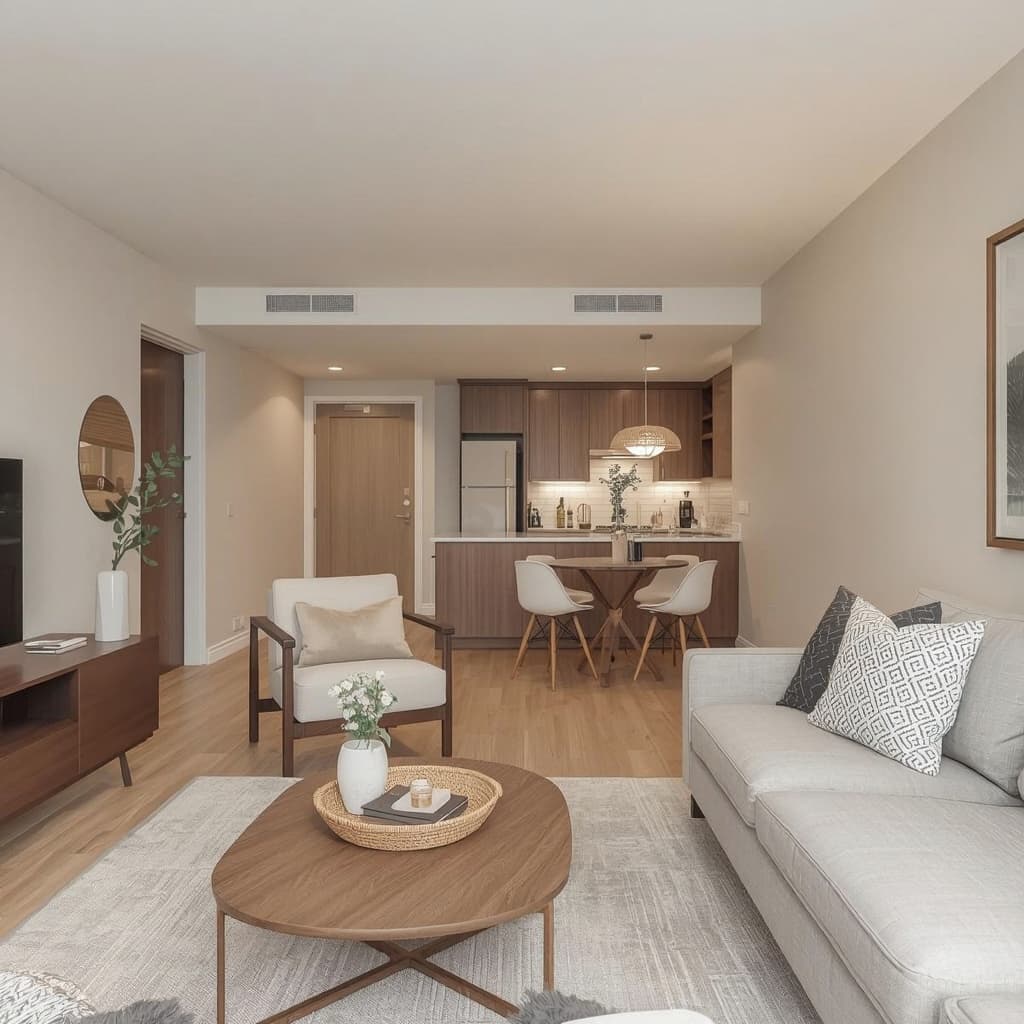 Styled open-plan living room for Upper North Shore property