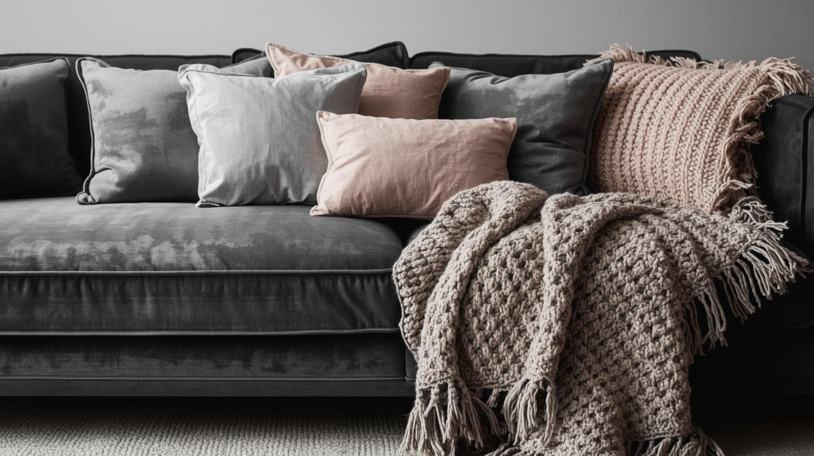 Styled bedroom with muted palette and textured cushions