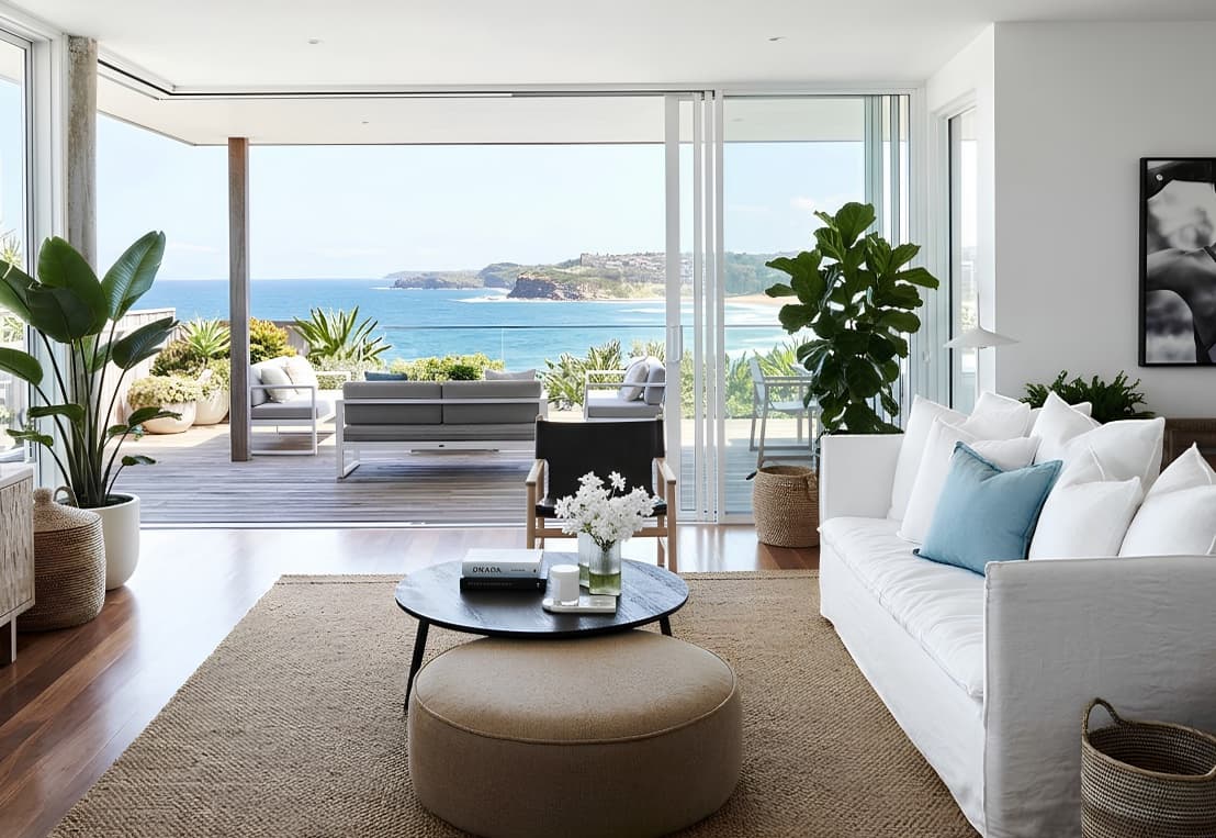 Styled coastal living space — Northern Beaches Sydney property styling 2026 Styled coastal living space — Northern Beaches Sydney property styling 2026