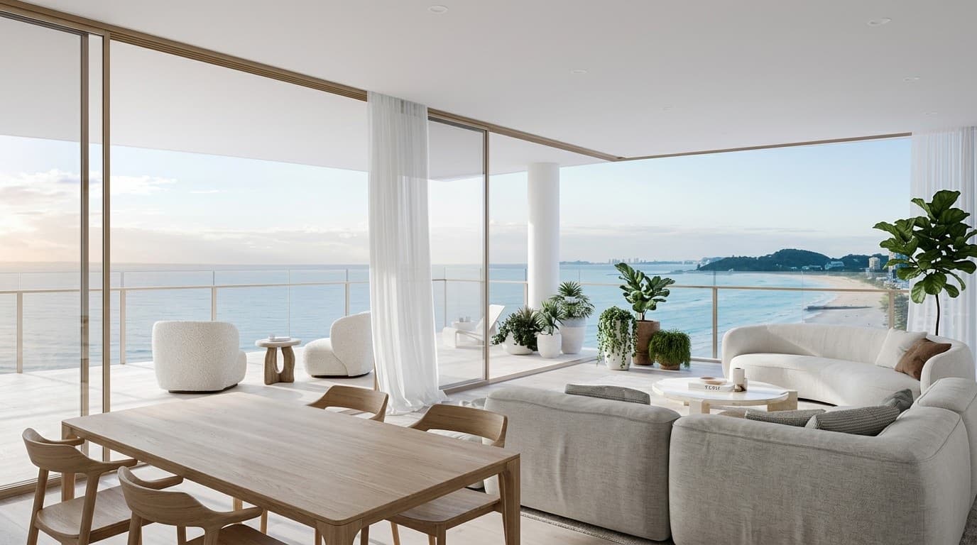 Styled coastal living room with Pittwater outlook — Palm Beach Sydney property styling 2026 Styled coastal living room with Pittwater outlook — Palm Beach Sydney property styling 2026