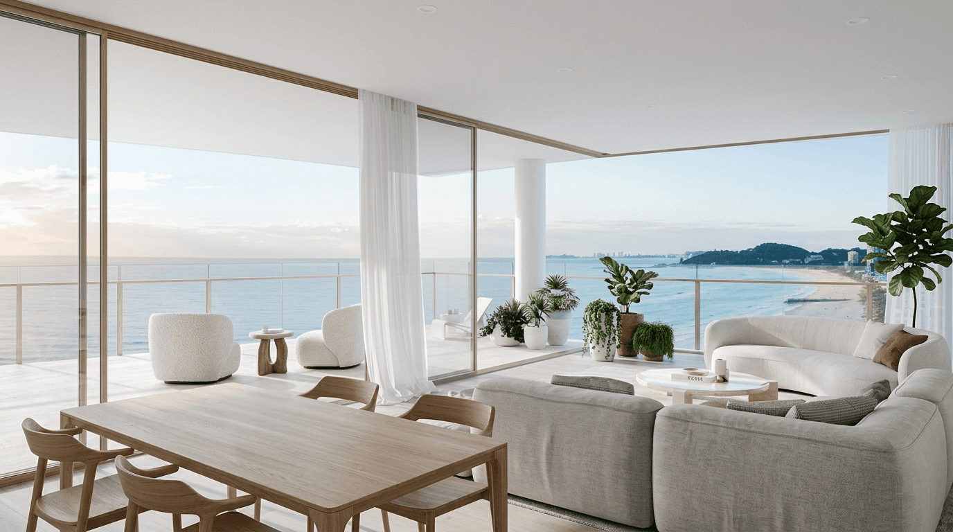 Styled coastal living room with Pittwater outlook — Palm Beach Sydney property styling 2026 Styled coastal living room with Pittwater outlook — Palm Beach Sydney property styling 2026