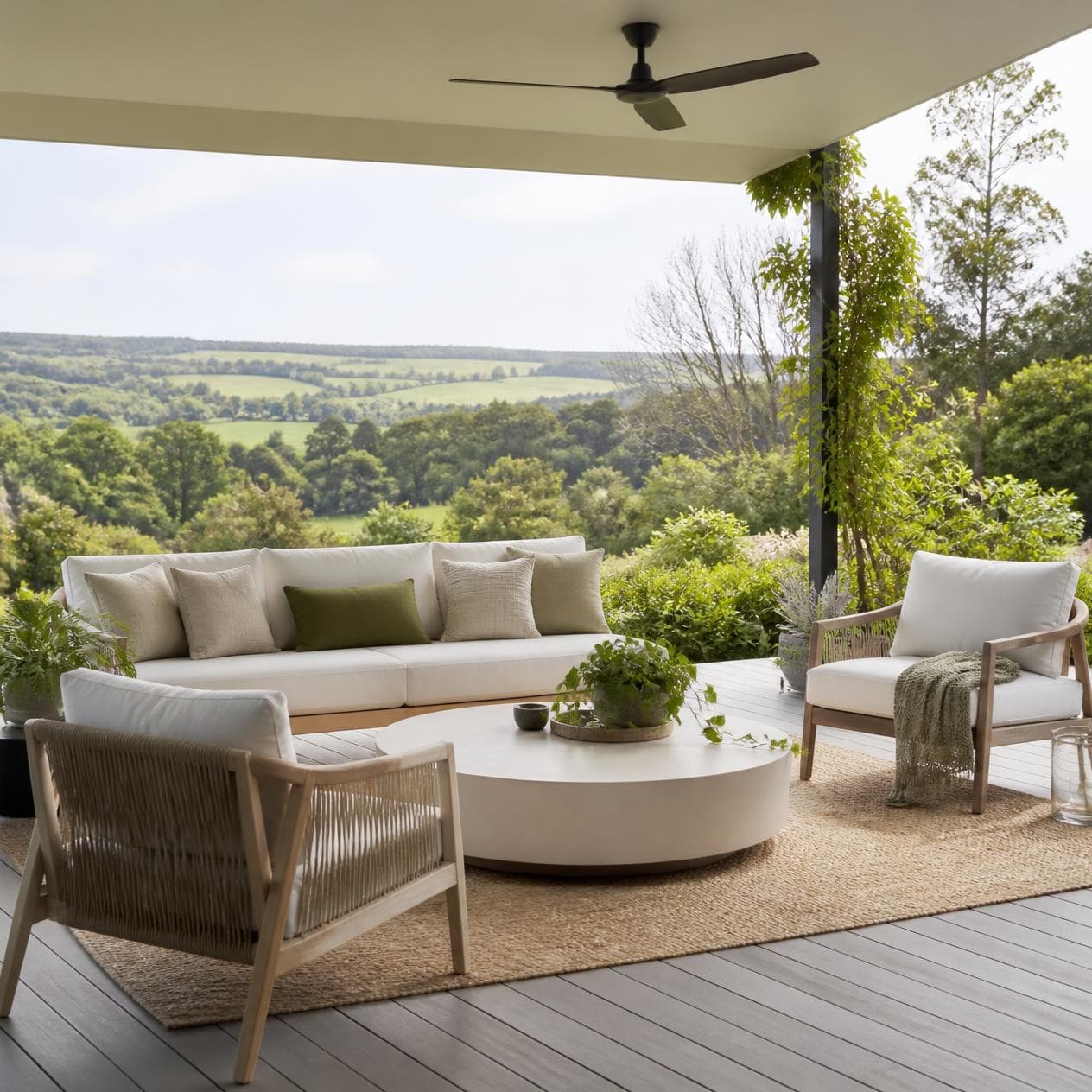 Contemporary alfresco patio with relaxed modern outdoor furniture overlooking bush and farmland — Australian interior design by Styling Lab Contemporary alfresco patio with relaxed modern outdoor furniture overlooking bush and farmland — Australian interior design by Styling Lab